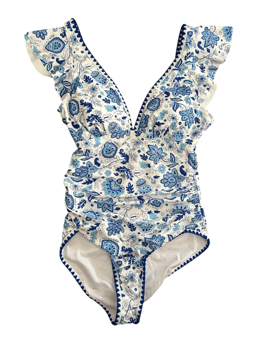 Eomenie Blue & White Floral Ruffle One-Piece Swimsuit Sz M nwot